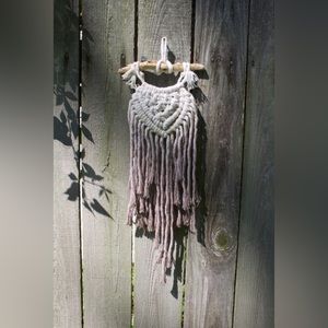Macrame Wall Hanging - handmade, one of a kind - mauve & off white on driftwood